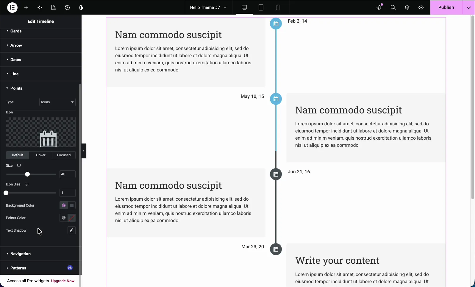 Elementor Timeline Style tab with the Points section expanded showing icon, size, color, and Default Hover Focused state tabs