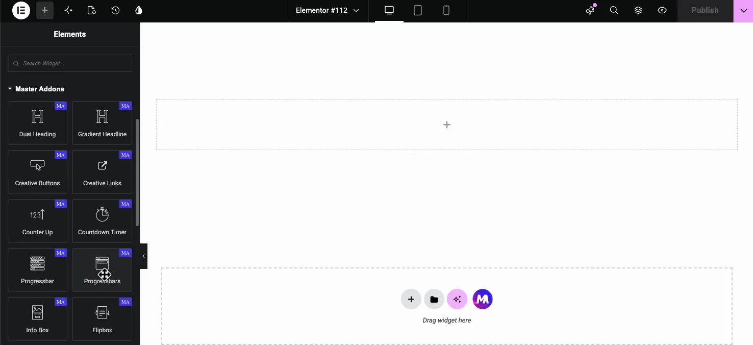 Master Addons Progress Bars widget in the Elementor Elements panel next to the single Progressbar widget
