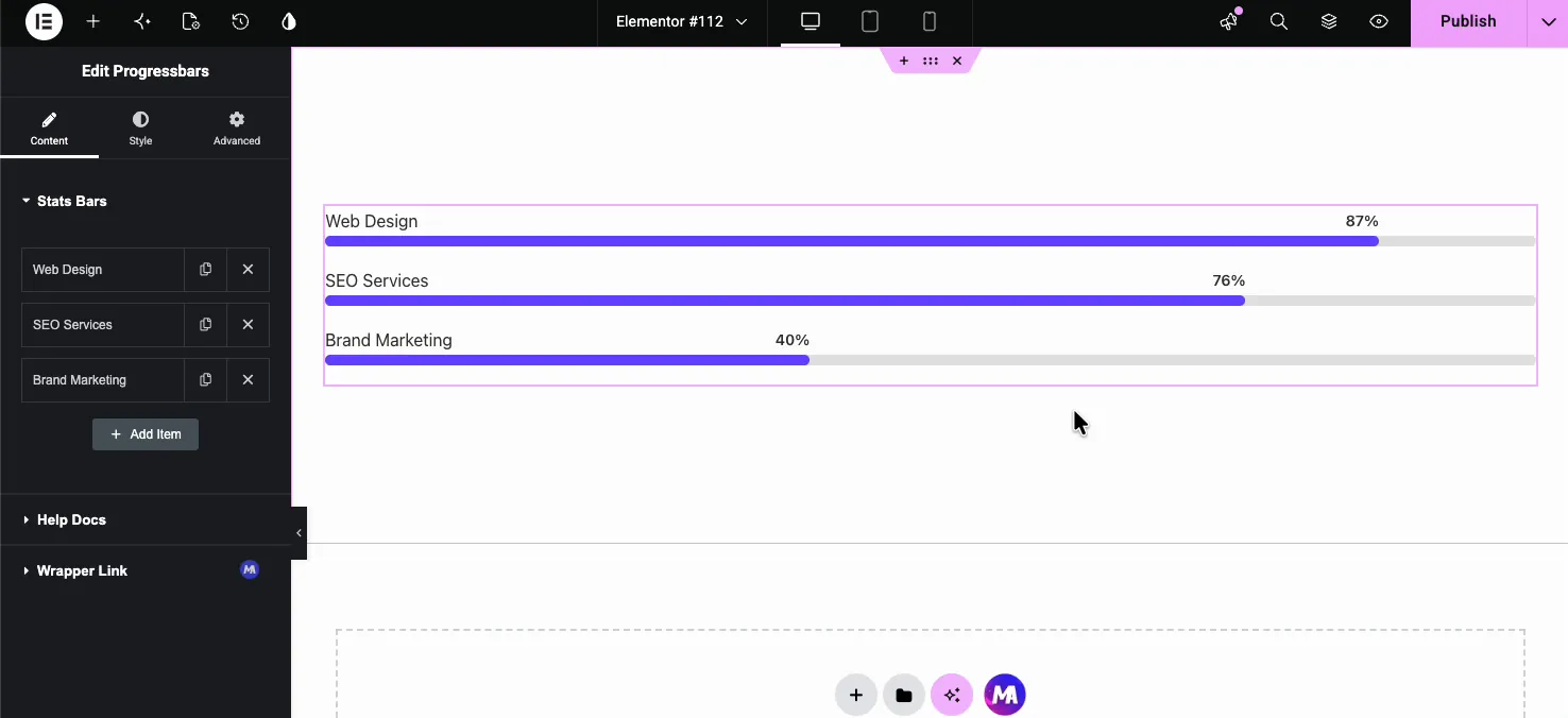 Progress Bars Content tab showing the Stats Bars repeater with Web Design, SEO Services, and Brand Marketing items