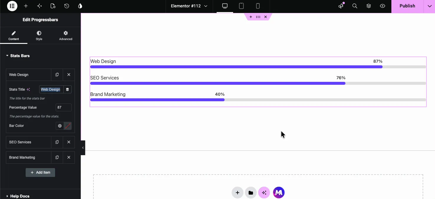 Individual Progress Bar item settings: Stats Title, Percentage Value, and Bar Color