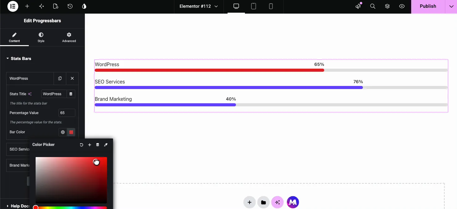 Setting a custom red Bar Color for a single progress bar using the Elementor color picker