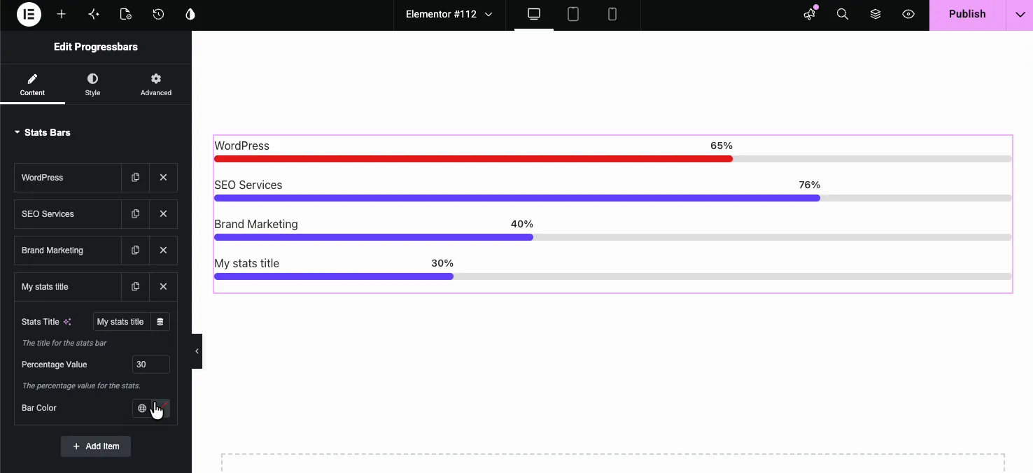 Adding a fourth progress bar with the Add Item button in the Stats Bars repeater