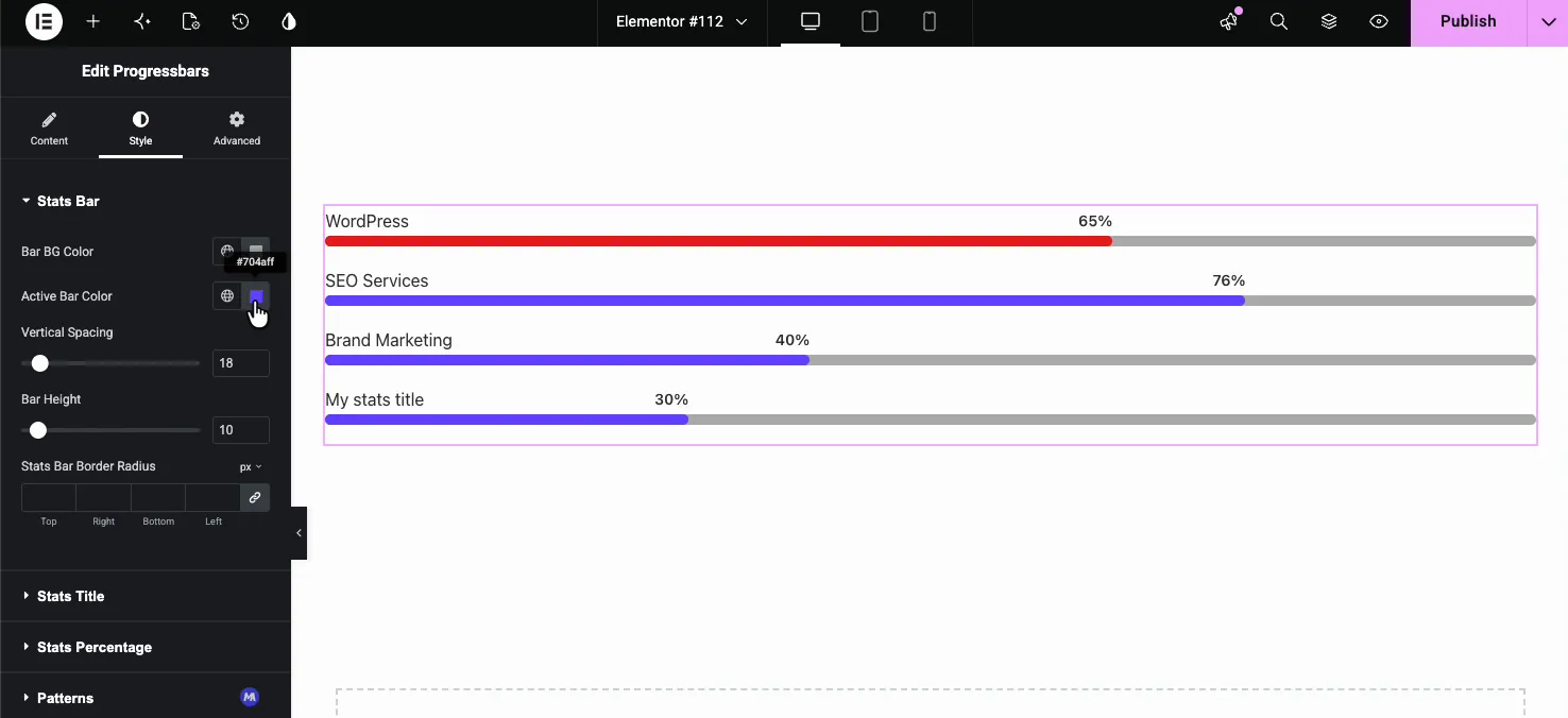 Progress Bars Style tab Stats Bar section with Bar BG Color, Active Bar Color, Vertical Spacing, Bar Height, and Border Radius