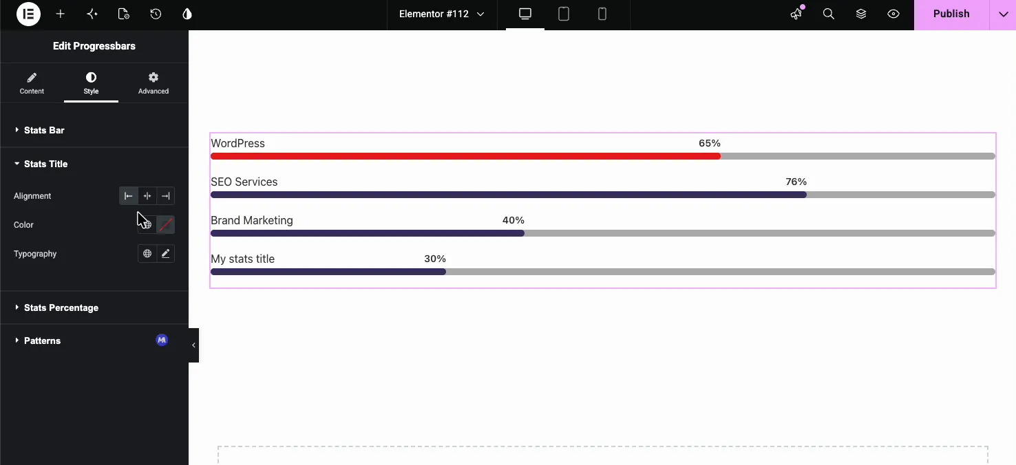 Stats Title style controls: Alignment, Color, and Typography for progress bar labels