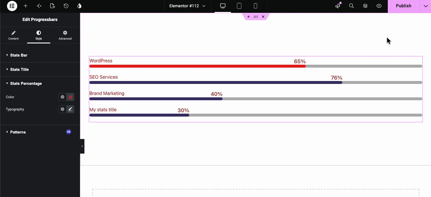 Stats Percentage Color and Typography controls with the Pro Patterns section below