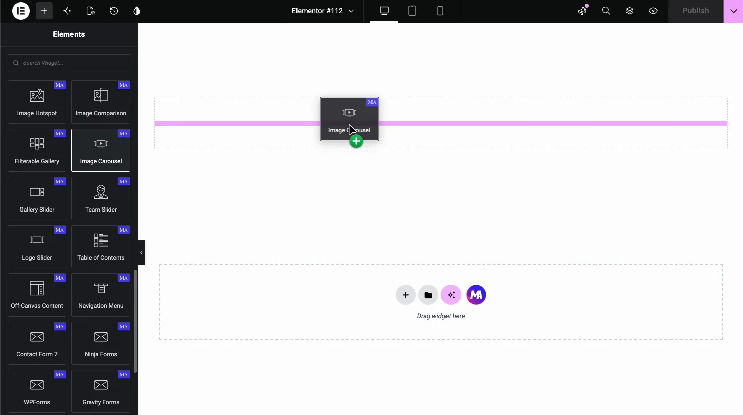 Master Addons Image Carousel widget in the Elementor Elements panel being dragged onto the page