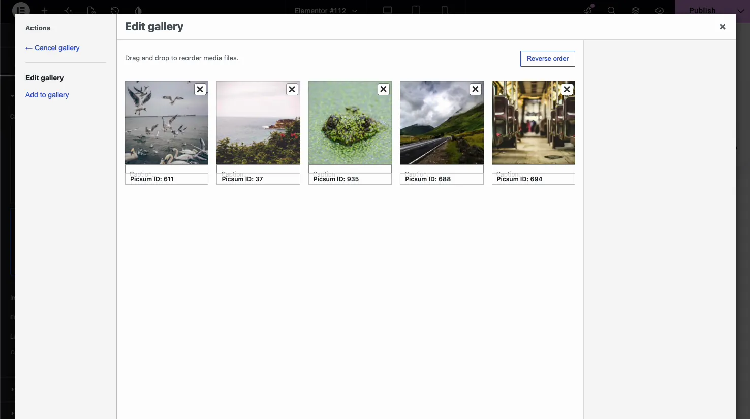 WordPress Edit gallery screen showing carousel images being reordered with caption fields