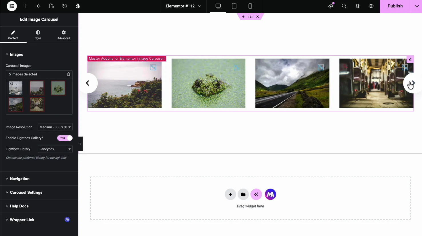 Image Carousel Content tab Images section with carousel images, image resolution, lightbox toggle, and lightbox library