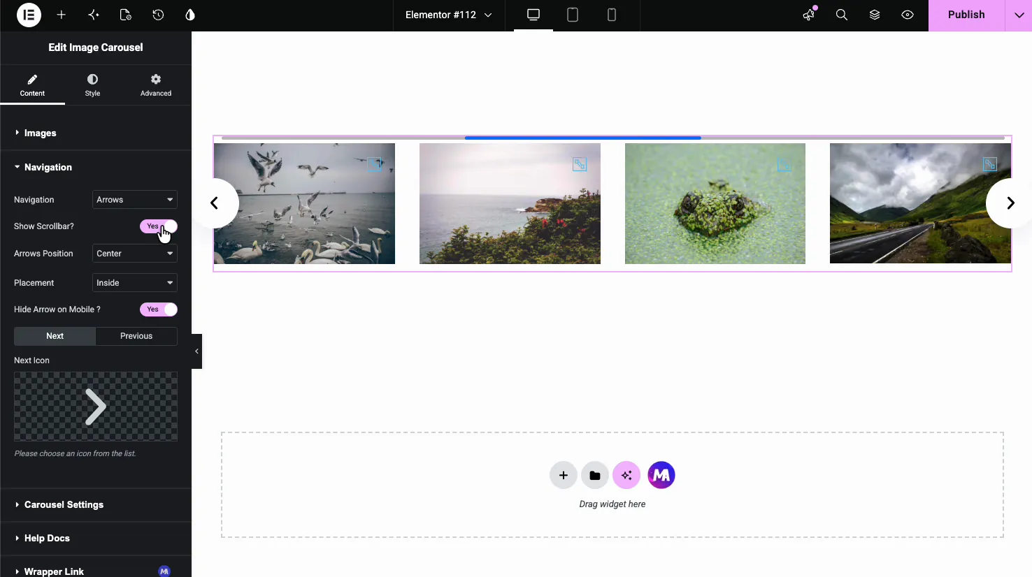 Image Carousel Navigation settings with navigation type, scrollbar, arrows position, placement, and arrow icon pickers