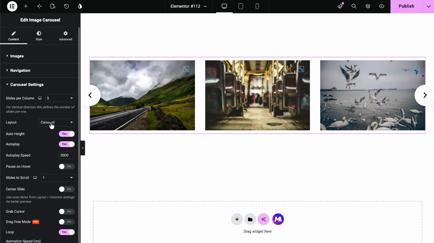 Image Carousel Carousel Settings with slides per column, layout, auto height, autoplay, autoplay speed, slides to scroll, and loop