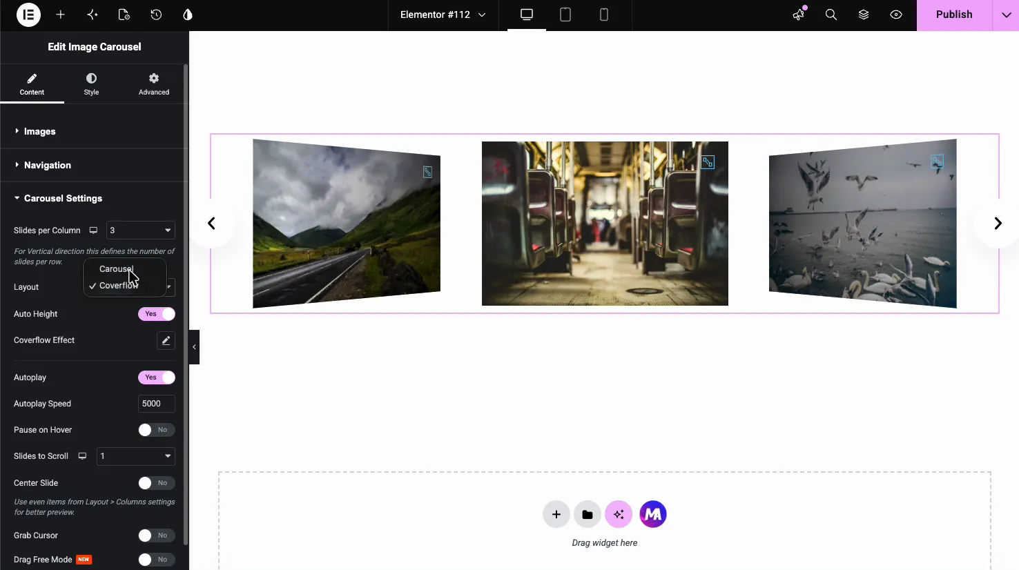 Image Carousel set to Coverflow layout showing slides tilted in a 3D stack on the canvas