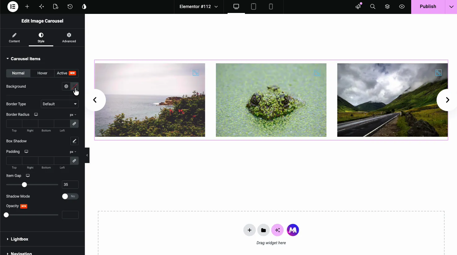 Style tab Carousel Items section with background, border type, border radius, box shadow, padding, item gap, and opacity