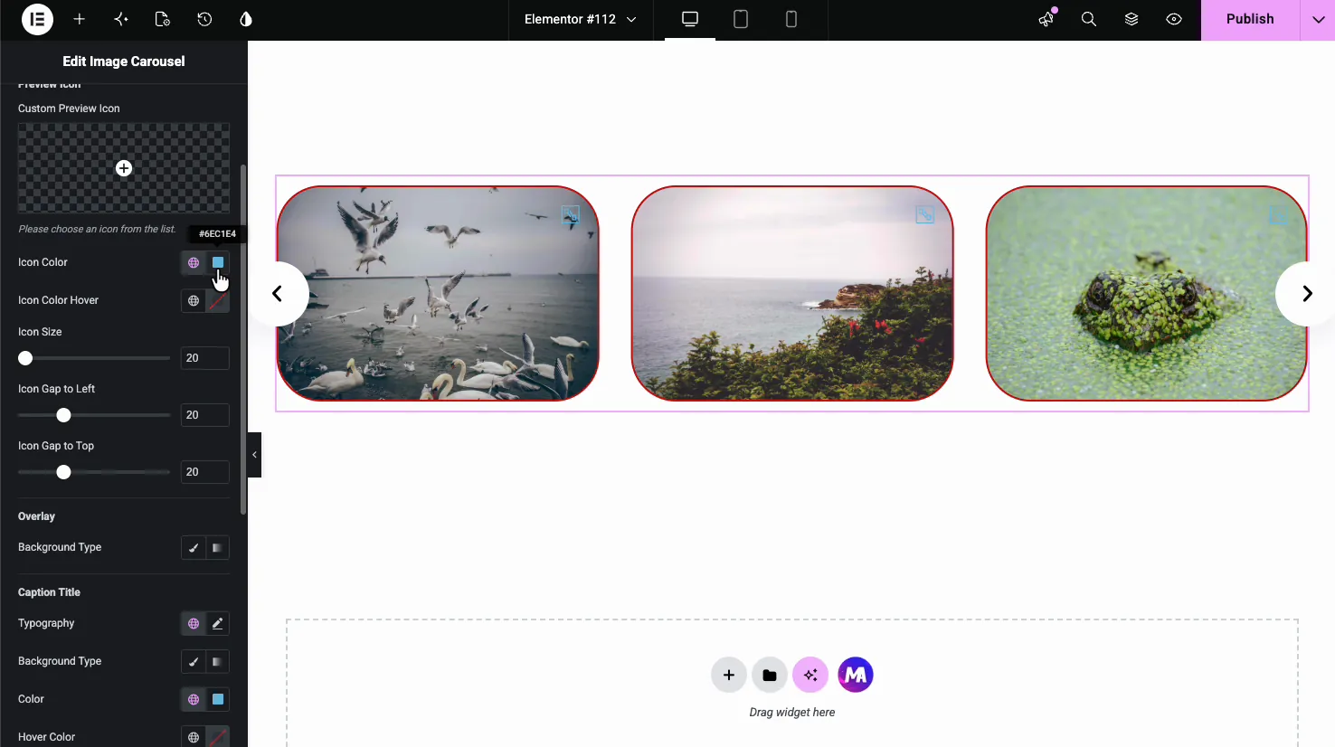 Style tab Lightbox section with custom preview icon, icon color, icon size, overlay, and caption title controls