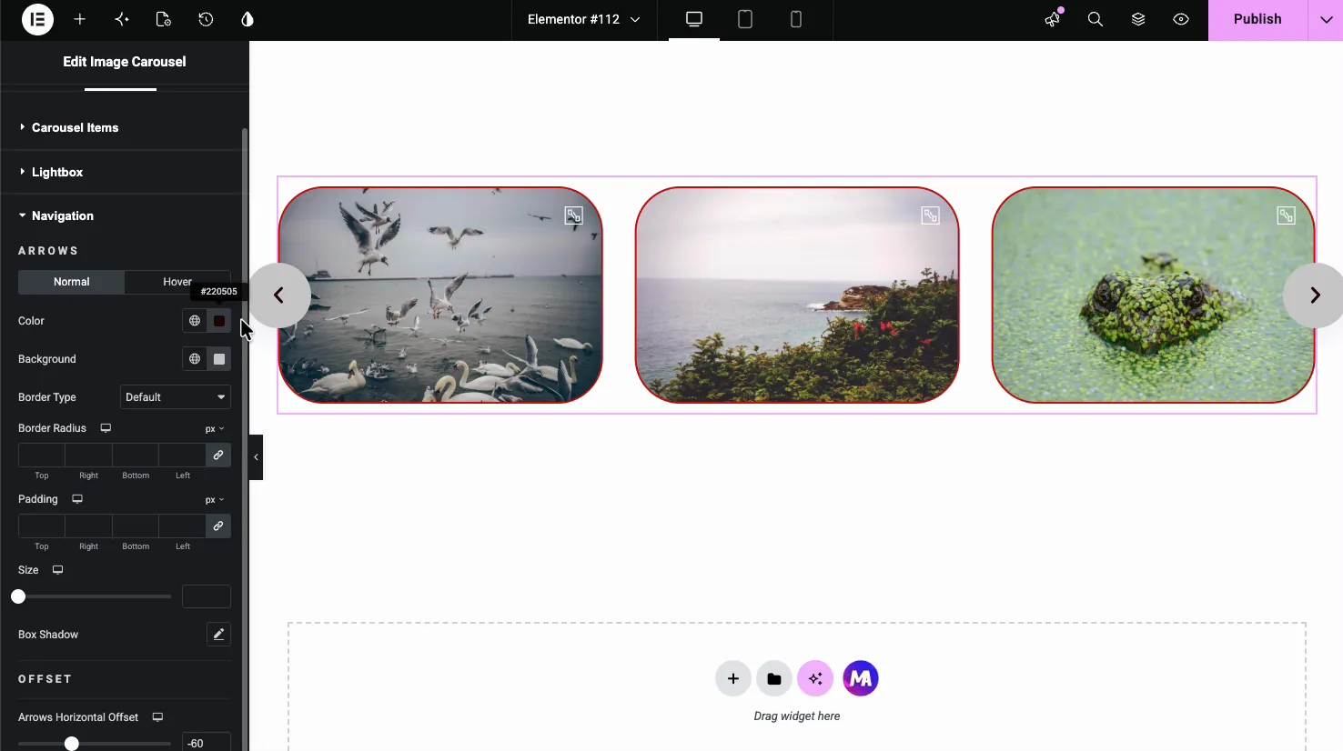 Style tab Navigation section styling the arrows with color, background, border, size, box shadow, and horizontal offset