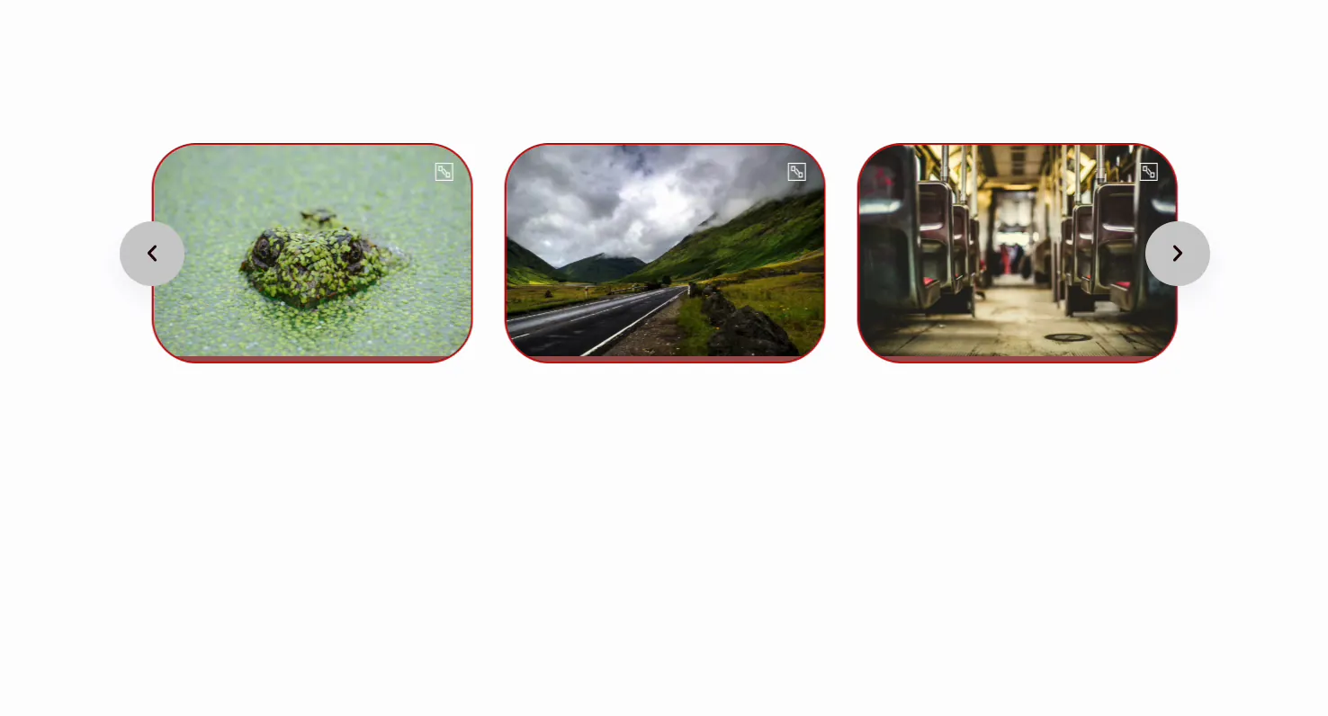 Finished Master Addons image carousel on the live page with rounded bordered slides, lightbox icons, and styled navigation arrows