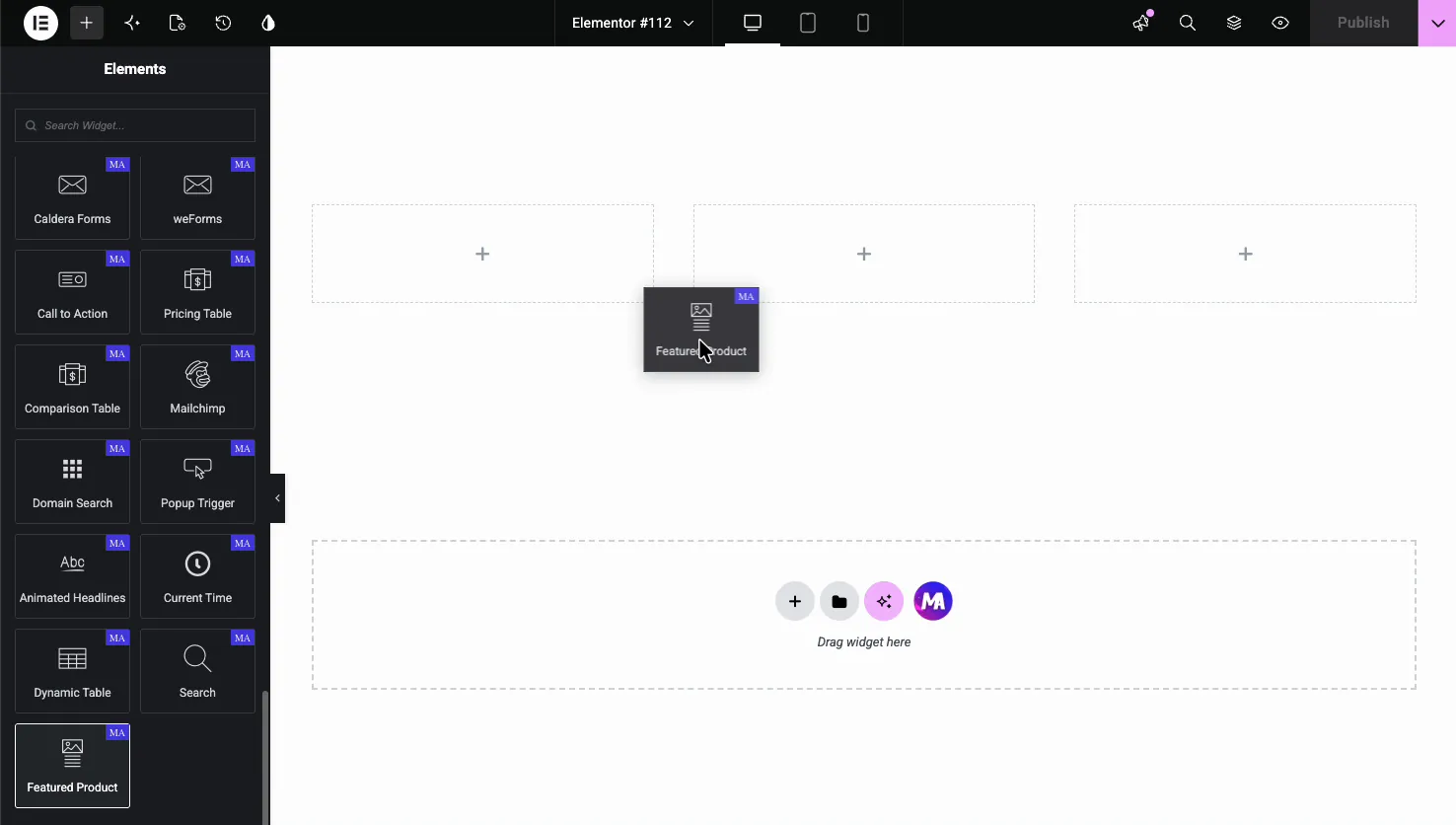 Master Addons Featured Product widget in the Elementor Elements panel being dragged onto the page