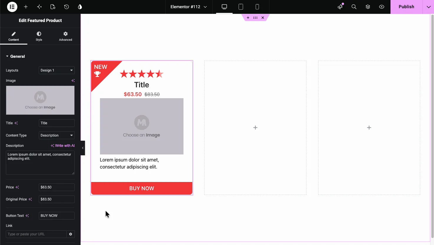 Featured Product General settings with layout, image, title, content type, description, price, original price, and button text