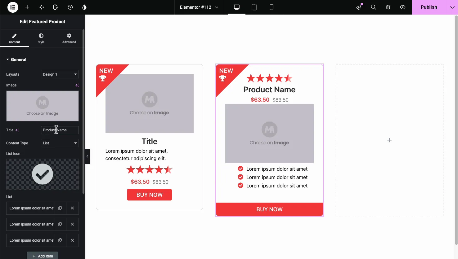 Featured Product Content Type set to List showing a list icon picker and a repeater of feature items