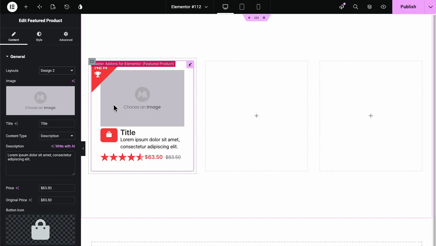 Featured Product Design 2 layout with image on top, icon badge, title, rating, and price in a row