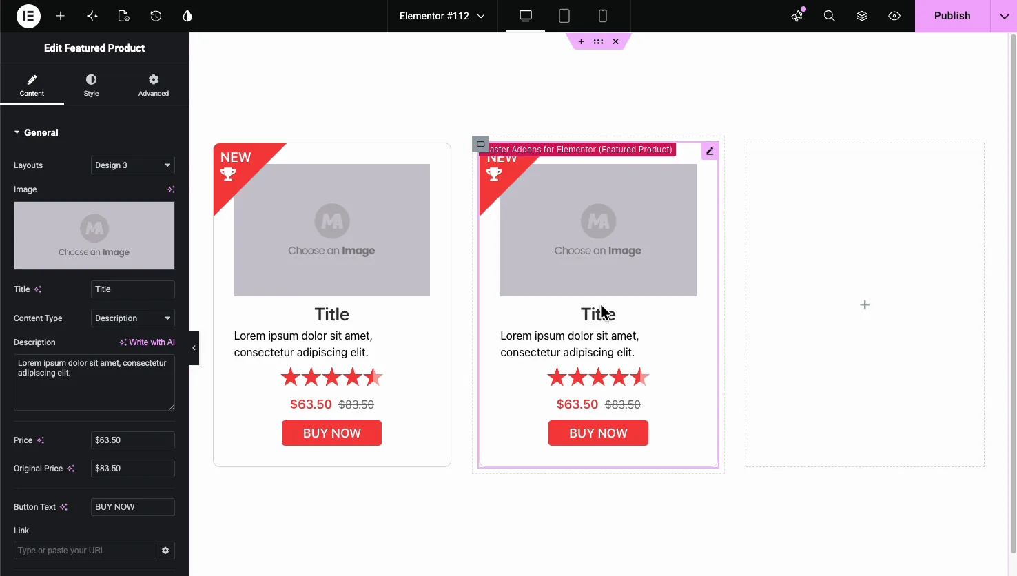 Featured Product Design 3 layout with image on top and centered title, rating, price, and button
