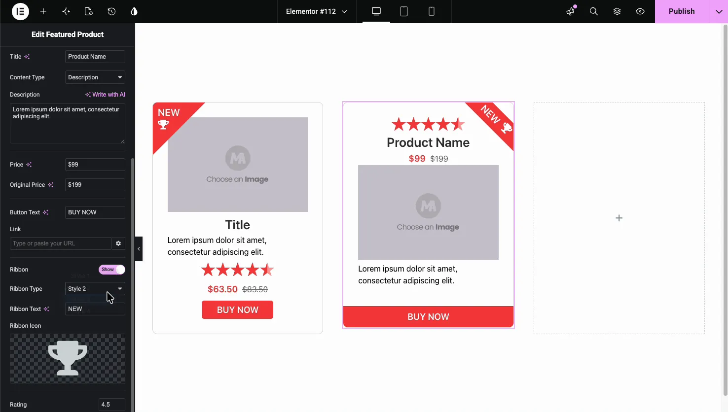 Featured Product ribbon settings with show toggle, ribbon type, ribbon text, ribbon icon, and rating value