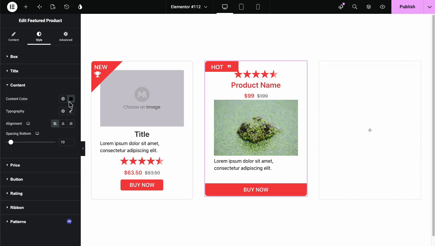 Featured Product Style tab showing Box, Title, Content, Price, Button, Rating, Ribbon, and Patterns sections