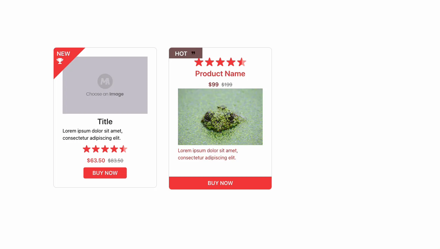 Two finished Master Addons featured product cards on the live page, one with a NEW ribbon and one with a HOT ribbon and an image