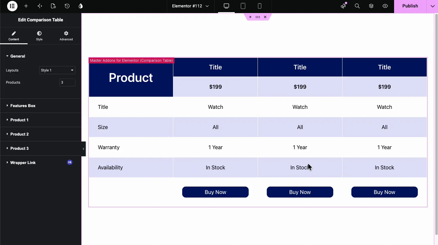 Comparison Table General settings showing the Layouts dropdown set to Style 1 and Products set to 3