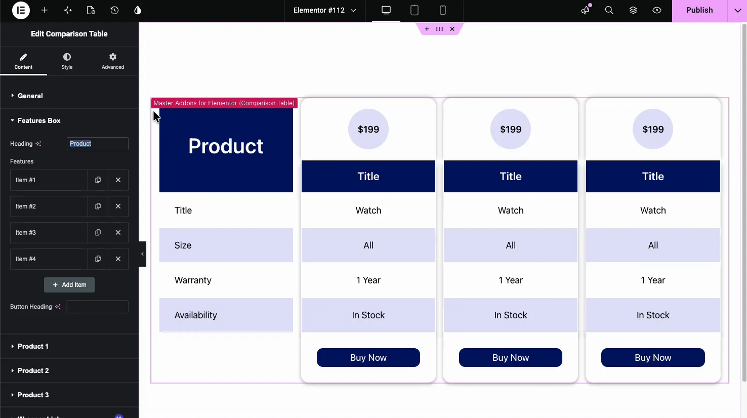Comparison Table Features Box with a heading field and a repeater of feature row items plus an Add Item button