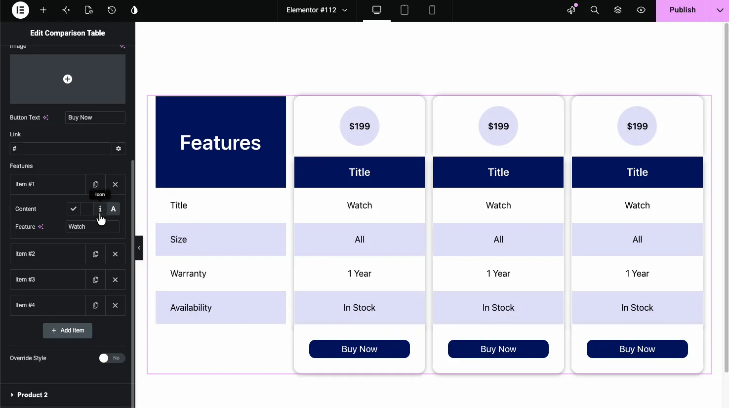 Comparison Table product section with image, button text, link, and per-feature values that can be a tick, cross, info icon, or text