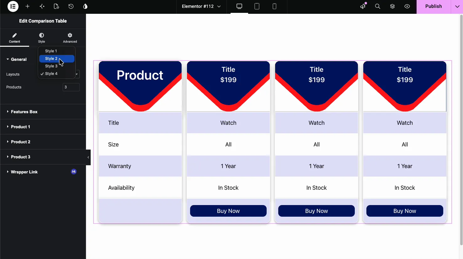 Comparison Table Style 4 layout with separate product cards and curved colored headers