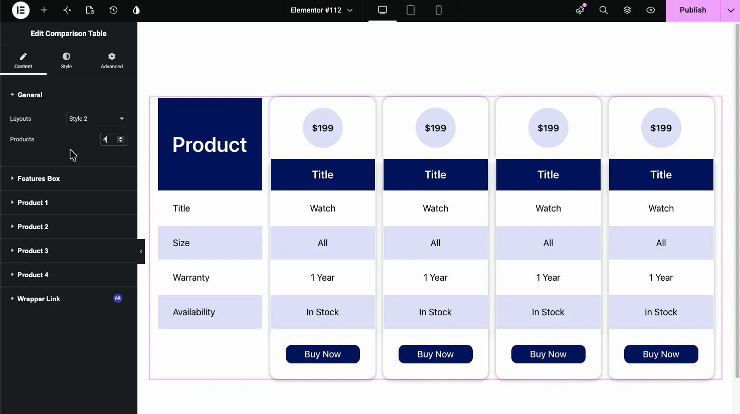 Comparison Table Style 2 layout with circular price badges and four product columns