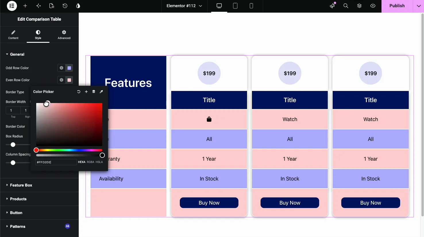 Comparison Table Style tab General section with odd and even row colors, border, box radius, and column spacing