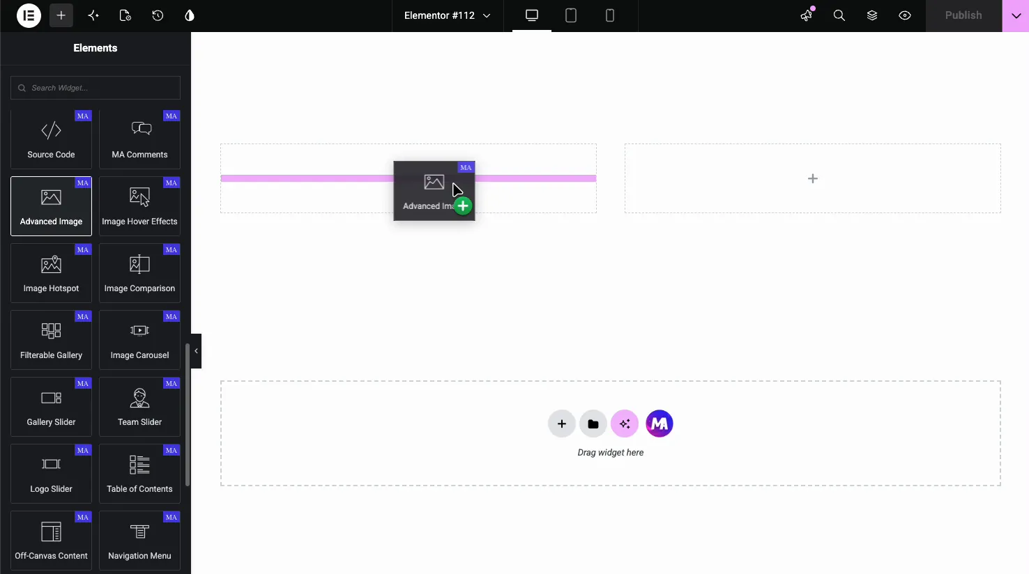 Master Addons Advanced Image widget in the Elementor Elements panel being dragged onto the page