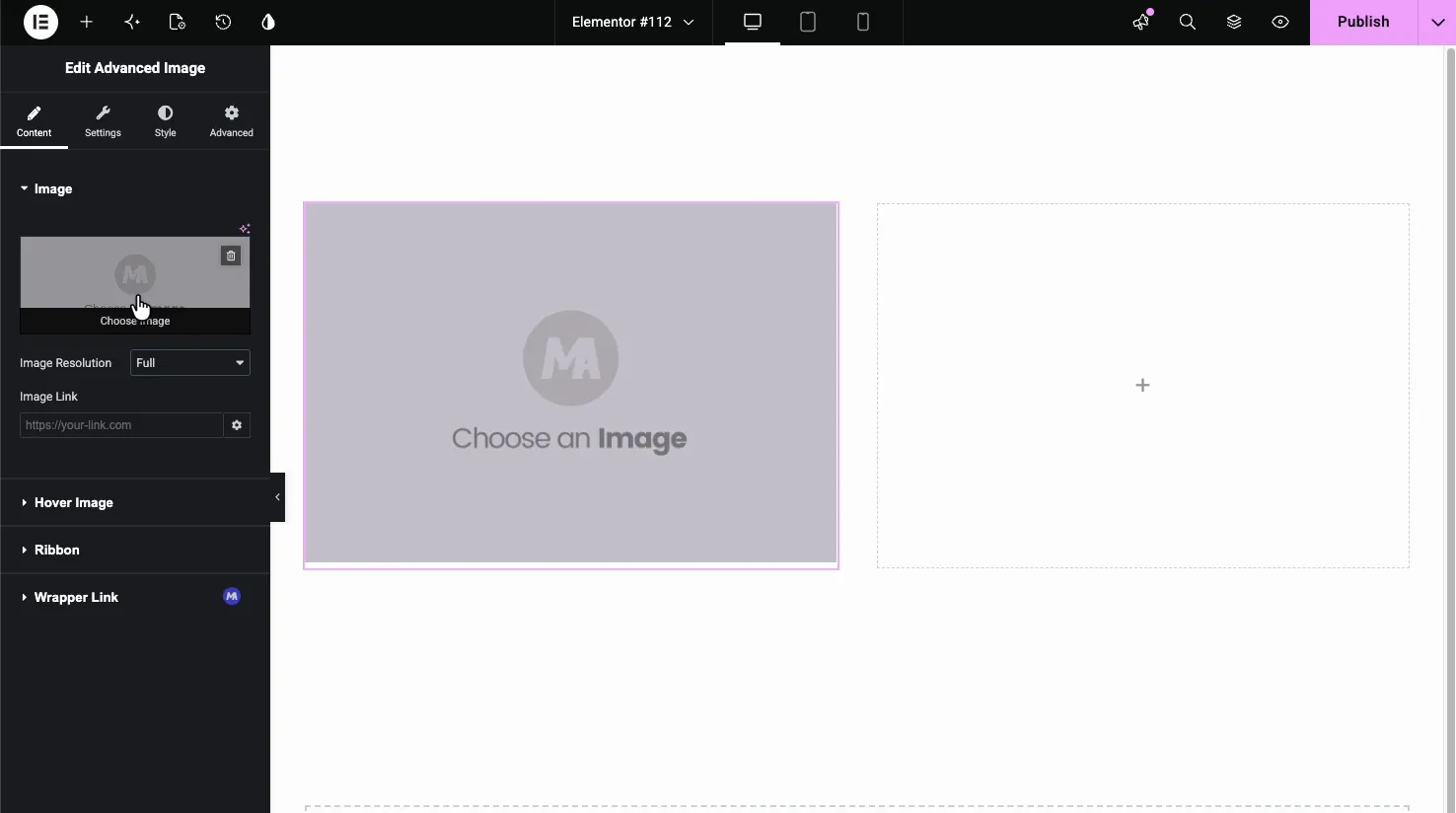 Advanced Image Content tab Image section with the image picker, Image Resolution dropdown, and Image Link field