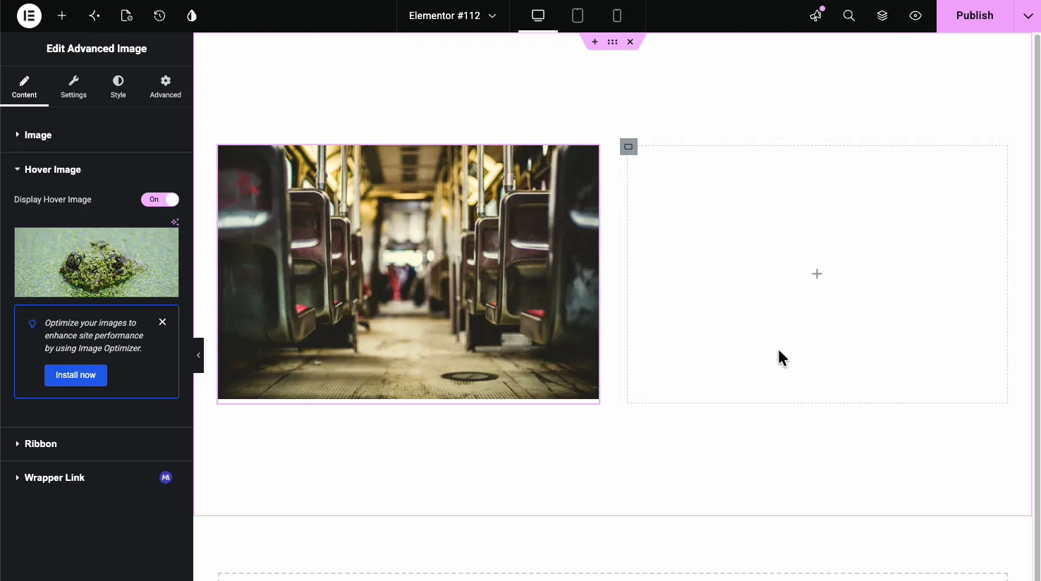 Advanced Image Hover Image section with Display Hover Image toggled on and a second image selected