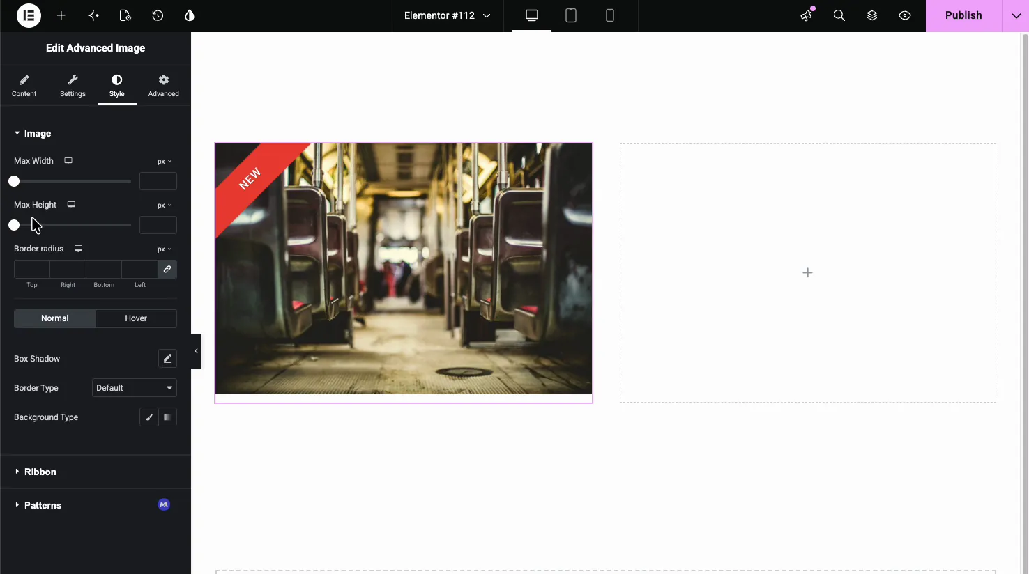 Advanced Image Style tab Image section with max width, max height, border radius, box shadow, and border type, plus Normal and Hover states