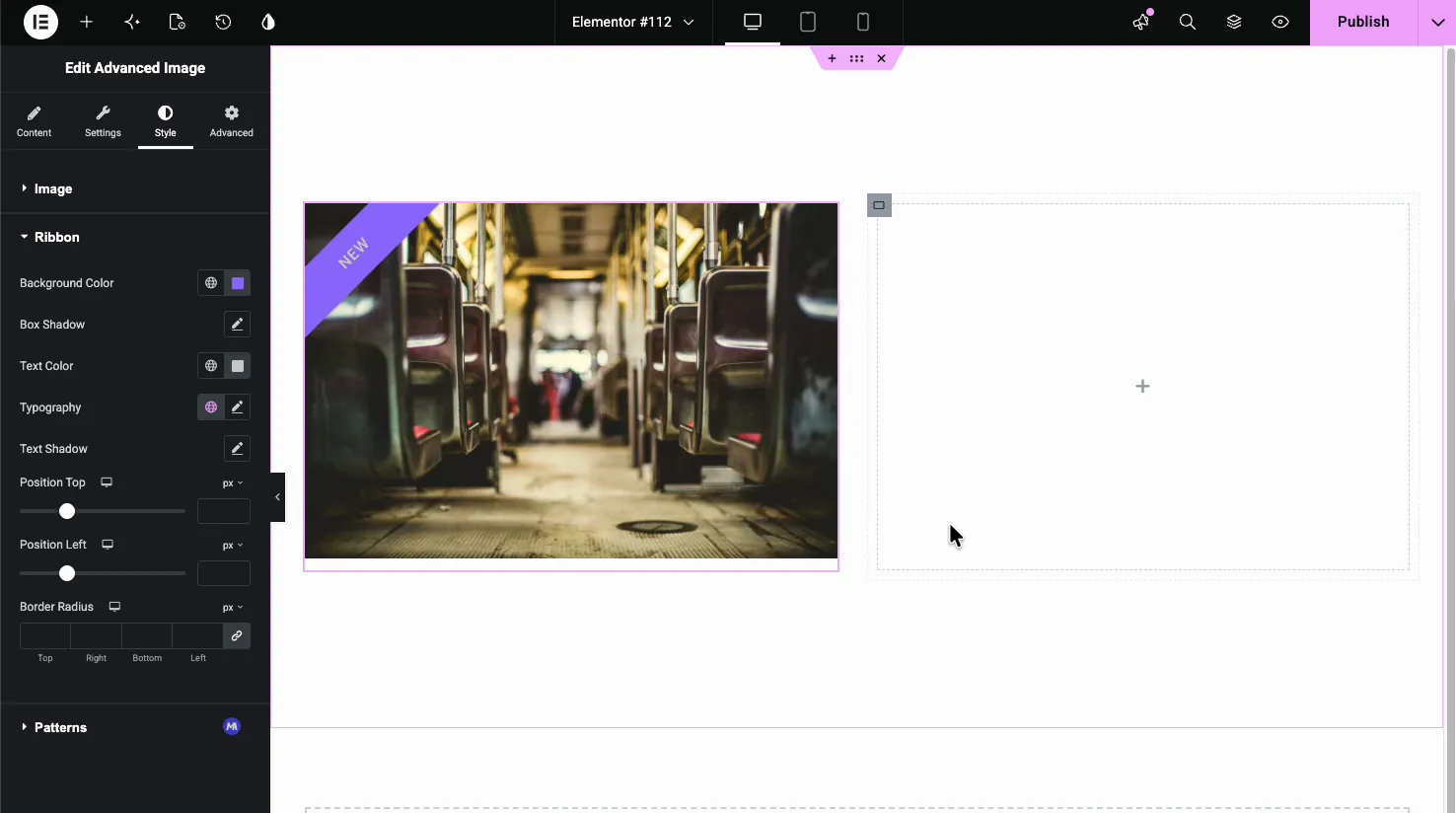 Advanced Image Style tab Ribbon section with background color, text color, typography, position, and border radius