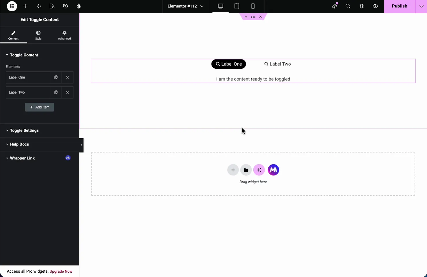 Toggle Content widget with an Elements repeater of toggle options and a default toggle switch preview