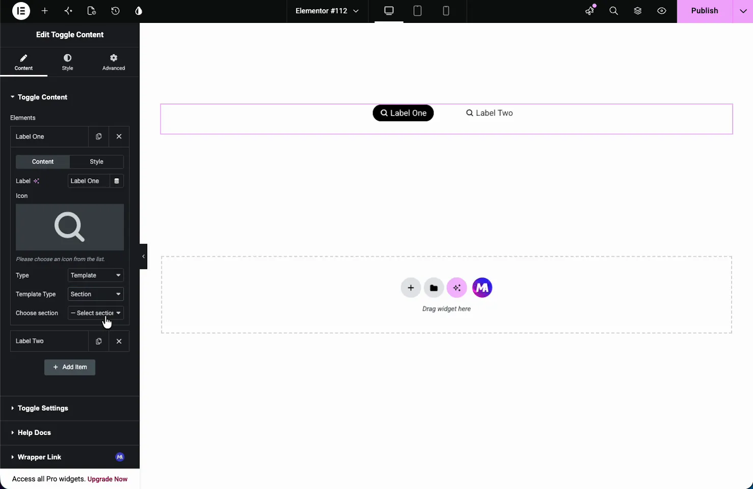 Toggle option Type set to Template with Template Type and Choose section controls for picking a saved layout