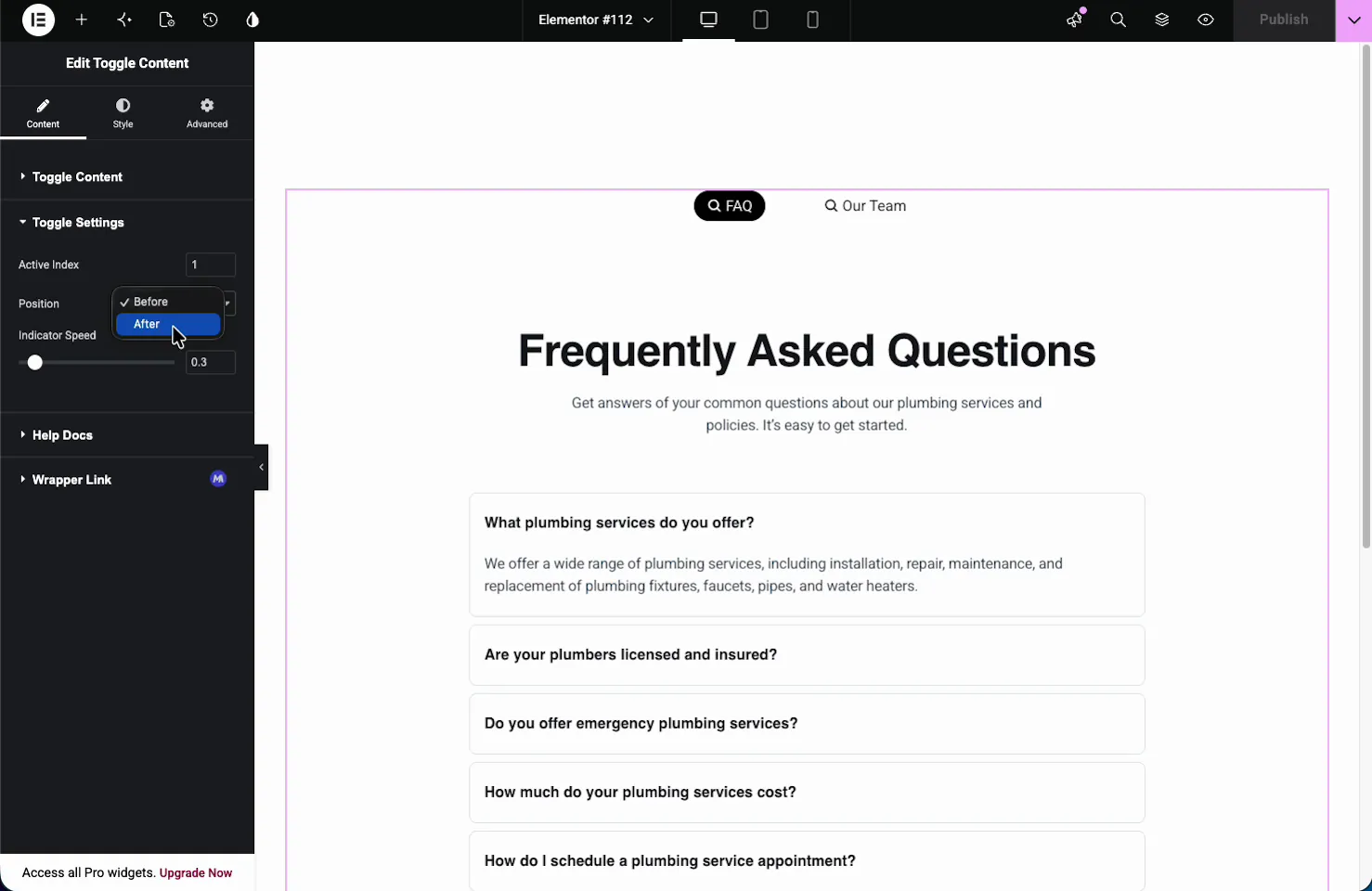 Toggle Content Toggle Settings with Active Index, Position, and Indicator Speed