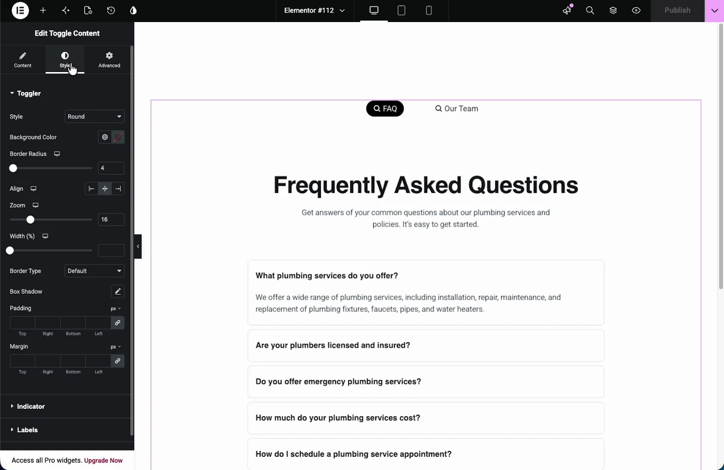 Toggle Content Style tab Toggler section with style, background color, border radius, align, zoom, width, and spacing