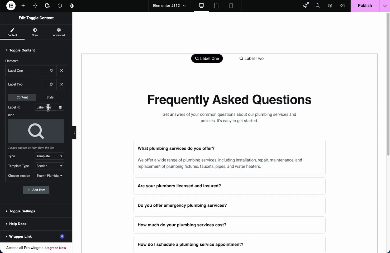 Toggle Content showing a full Frequently Asked Questions template loaded into one of the toggle options in the editor