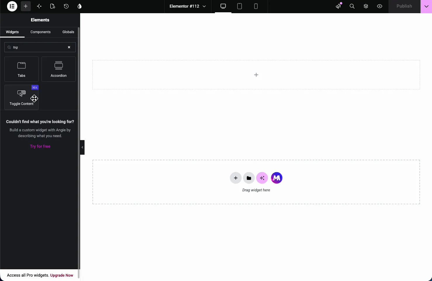 Master Addons Toggle Content widget in the Elementor Elements panel being dragged onto the page