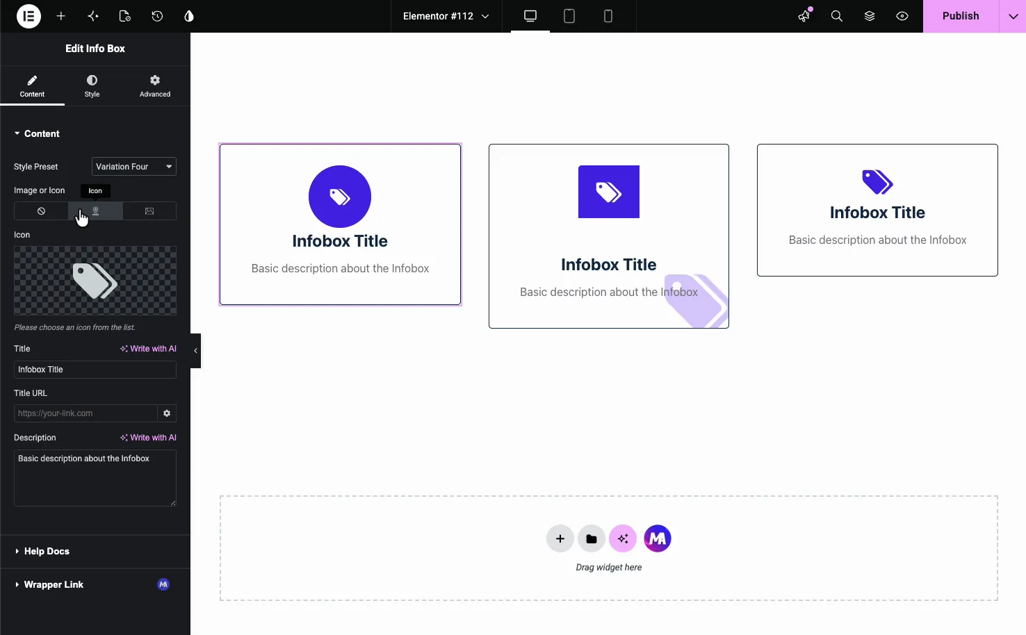 Info Box Content tab with Style Preset, Image or Icon toggle, Icon picker, Title, Title URL, and Description fields