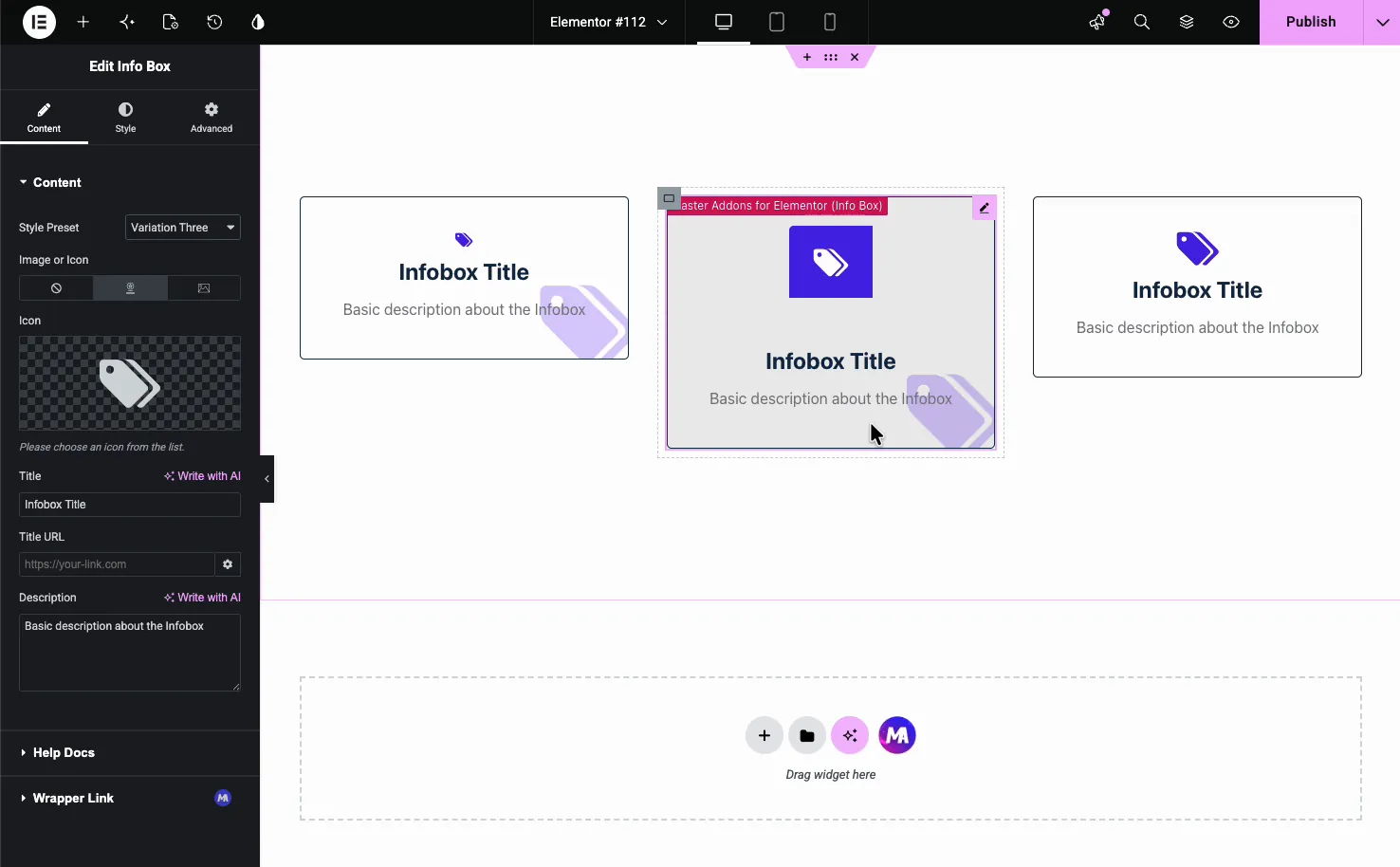 Info Box style preset variations shown side by side in the Elementor canvas, including filled and bordered card layouts
