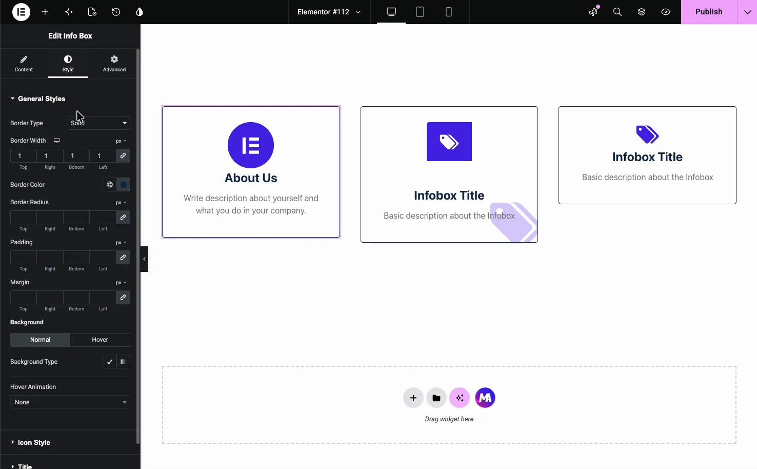 Info Box Style tab General Styles with border type, width, color, radius, padding, margin, background, and hover animation