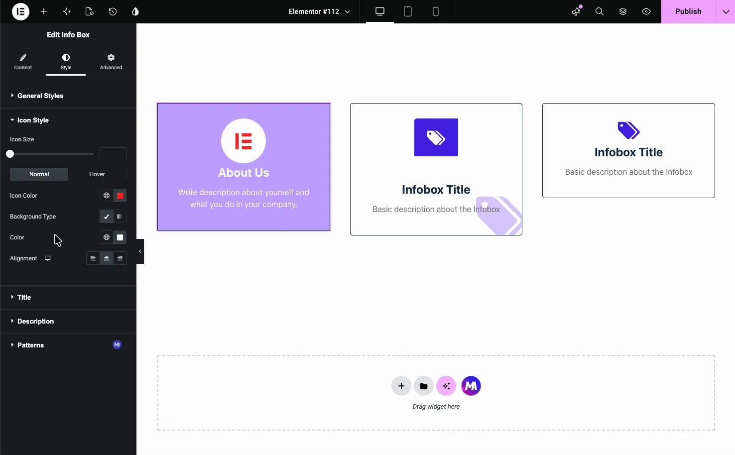 Info Box Icon Style section with icon size, icon color, background type and color, and alignment