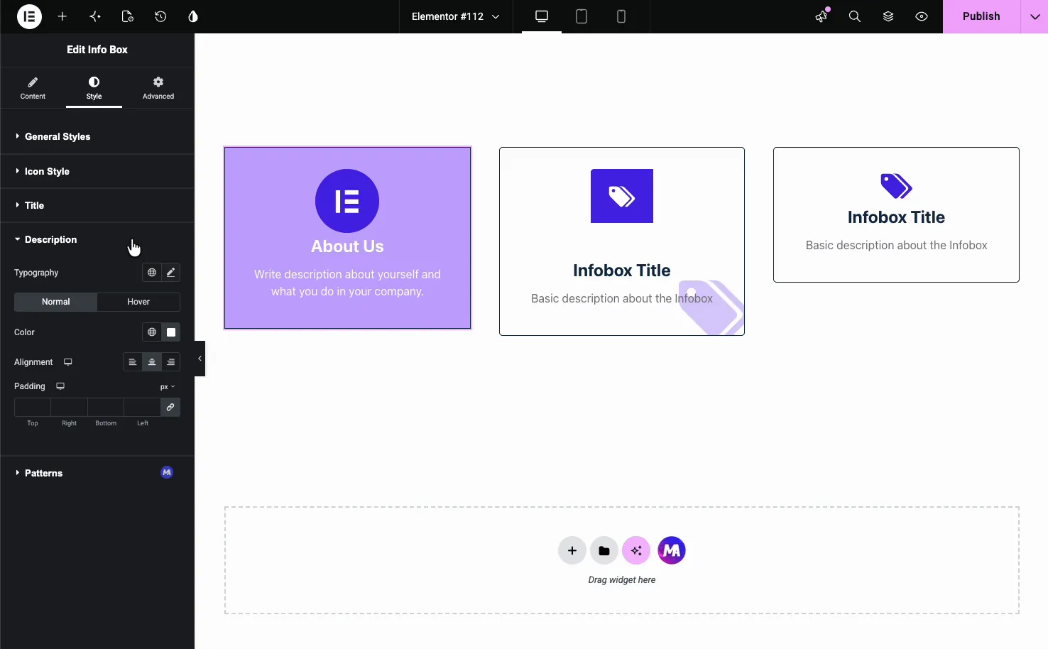 Info Box Description style section with typography, color, alignment, and padding controls