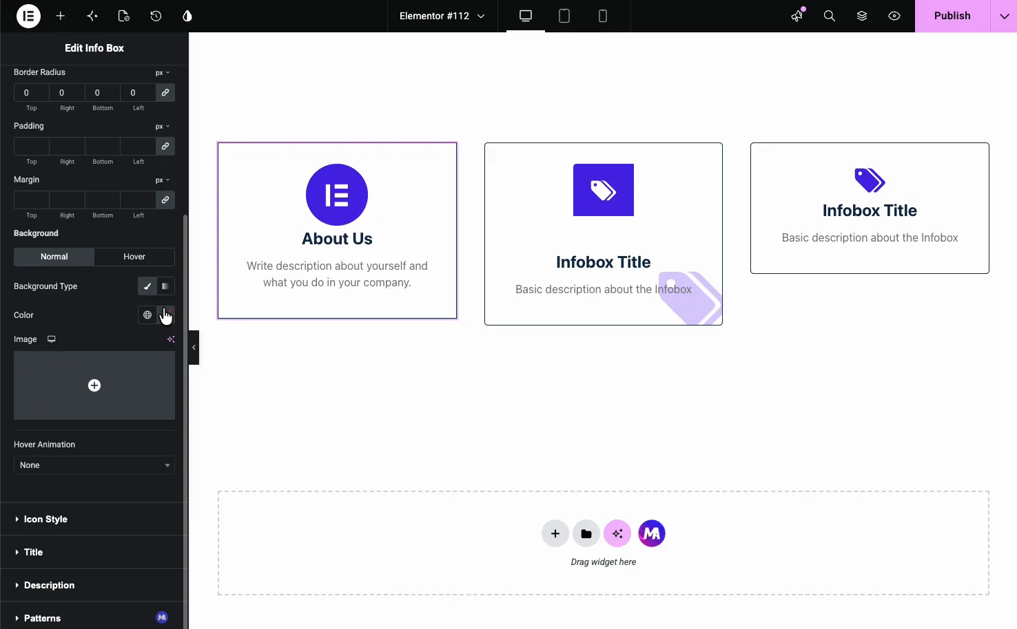 Info Box background settings with color picker and image upload for the card container
